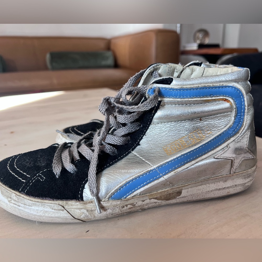 Golden Goose Metallic Silver and Black Sneakers with Blue Detail